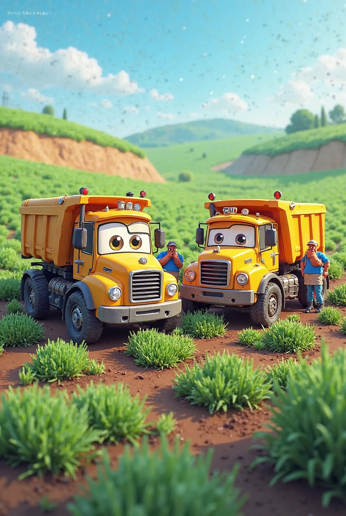 Animated trucks next to people planting grass