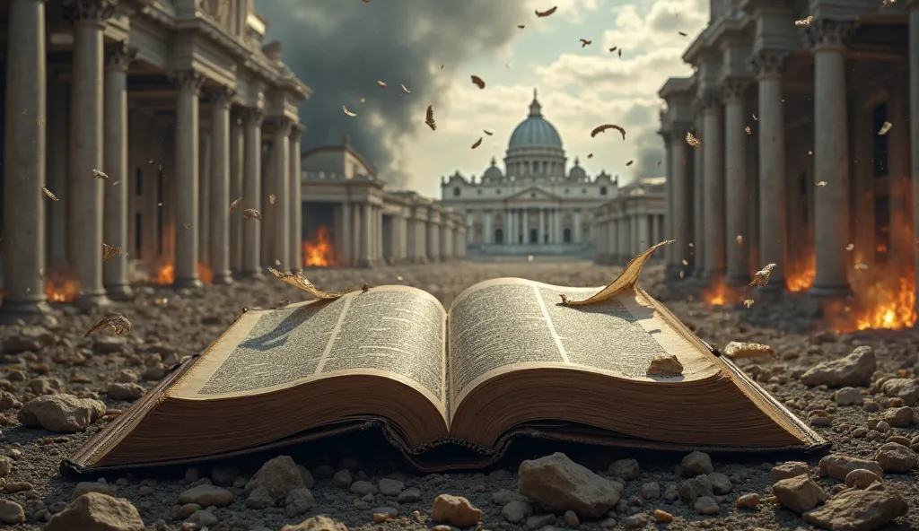 A ruined cathedral with rubble and fire in the background. St. Peter's Basilica is seen in the distance, covered by black clouds. in the foreground, an open Bible with pages flying in the wind, as if the end were near