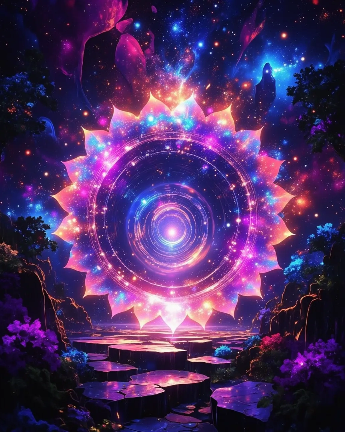 A glowing mandala portal, luminous,  multicolor portal, translucent, Inside the portal shines mysteriously,  universe setting, shining stars, galaxy, to another dimension,  (masterpiece, best quality:1.2) 