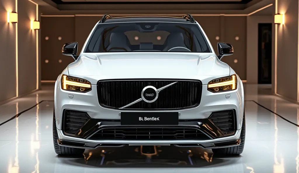 2025 volvo XC90 colour white create an ultra-detailed 3D render (front ) view, of a modern futuristic look 2025 volvo XC90 gt with a bold design captured from (front ) The car should feature a 'wind(black)' exterior with a (bentley)logo on its (front ), a ...