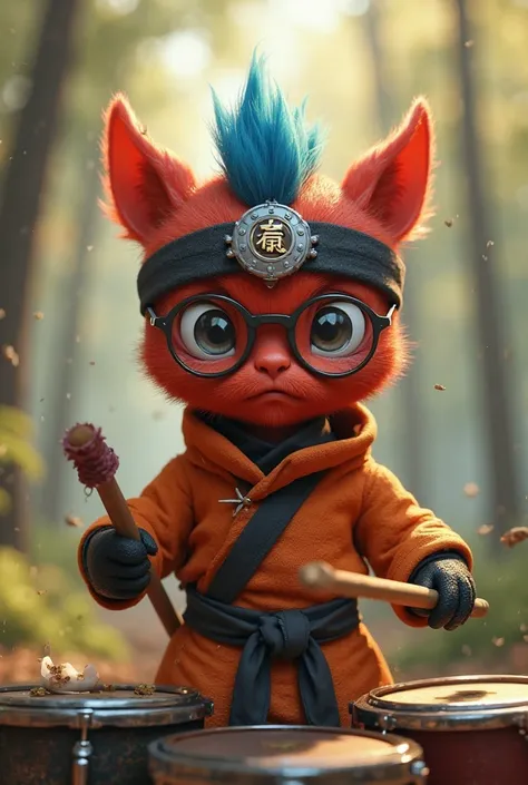 ### **Prompt 1: Faithful reproduction of the image**
*"A detailed 3D rendered digital illustration of a small red creature with round glasses and spiky blue hair, dressed in an orange and black ninja outfit inspired by Japanese anime, playing the drums. Th...