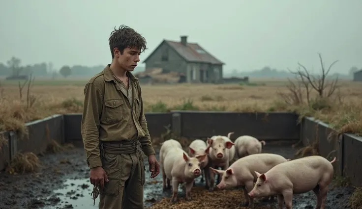 A tired and ragged young man stands in a muddy pigpen, looking at the pigs’ food with hunger and sadness. His clothes are torn, his face is dirty, and he appears deep in thought. The background is bleak, with dry fields and a distant farmhouse under a gray...