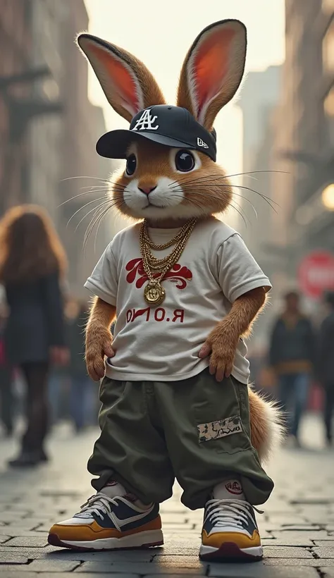 a hare ,   standing on its hind legs   ,   facing forward , She;  wears a baseball cap,  gold chains , Rolex  ,  wristwatch large gold ring  ,   big basketball t-shirt with a hip-hop logo.   wear cool loose pants  . 、  Я ношу Nike Air Max 90 .  Soft wool w...