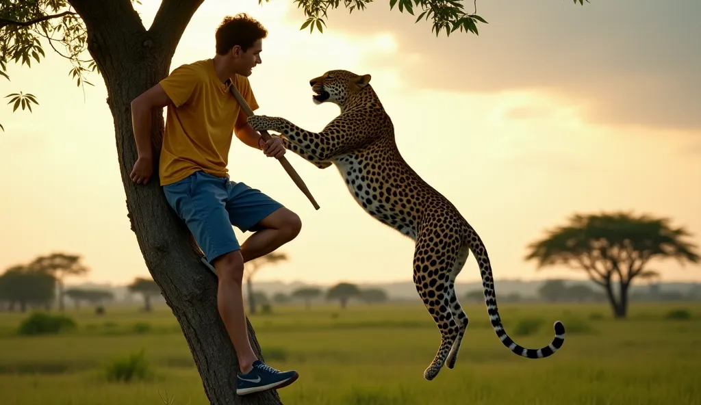 highly detailed 16k ultra realistic image of A tense survival moment unfolds as a young man in a yellow shirt and blue shorts clings to a thin, bending tree, gripping a wooden stick for defense while a fierce leopard climbs toward him, its sharp claws digg...