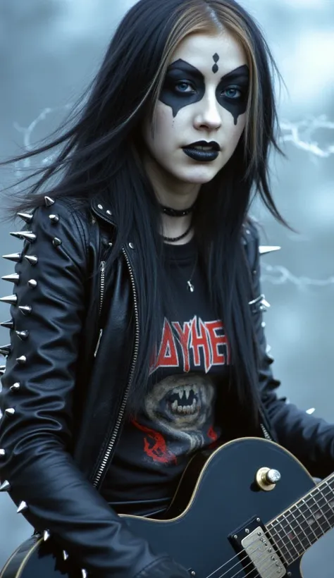 Black Metal girl, pale face, Black Metal make up,  paint face, black hair shoulder length, leather jacket with massivesharpchrome spikes, riding on a guitar in sky, electricity effects around her,  movement blur, dark eye makeup, black eyeliner black lipst...