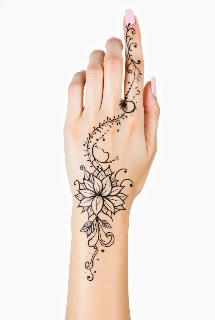 A minimalist henna/mehndi design on a hand, featuring a crescent moon near the wrist, delicate floral patterns with a lotus in the center, swirling vines with leaves, thin parallel lines on fingers, and tiny stars at fingertips. Soft negative space, clean ...