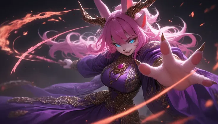 best quality, newest, absurdres, highres, depth of field, blurry background, (dynamic pose), smirk, upperbody, gold outfit, purple outfit, fighting, dual, action shot, (1girl, solo), hand outstretched, vhenra, gradient hair, pink fur, two horns, rabbit ear...