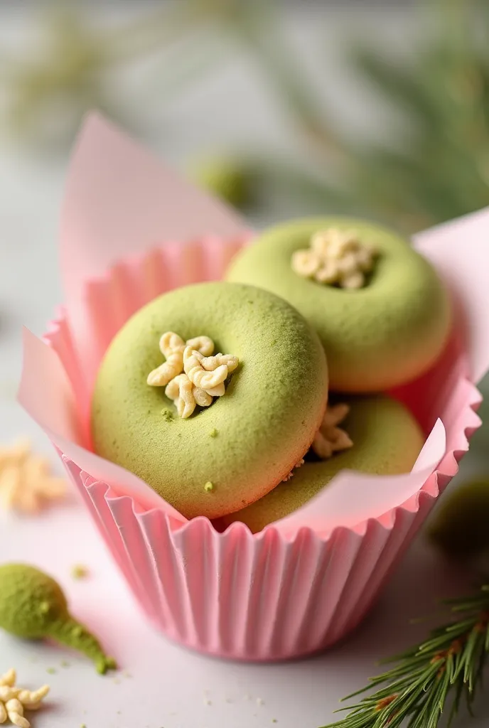 Generate a matcha cornflakes cookies in a pink colour paper cup