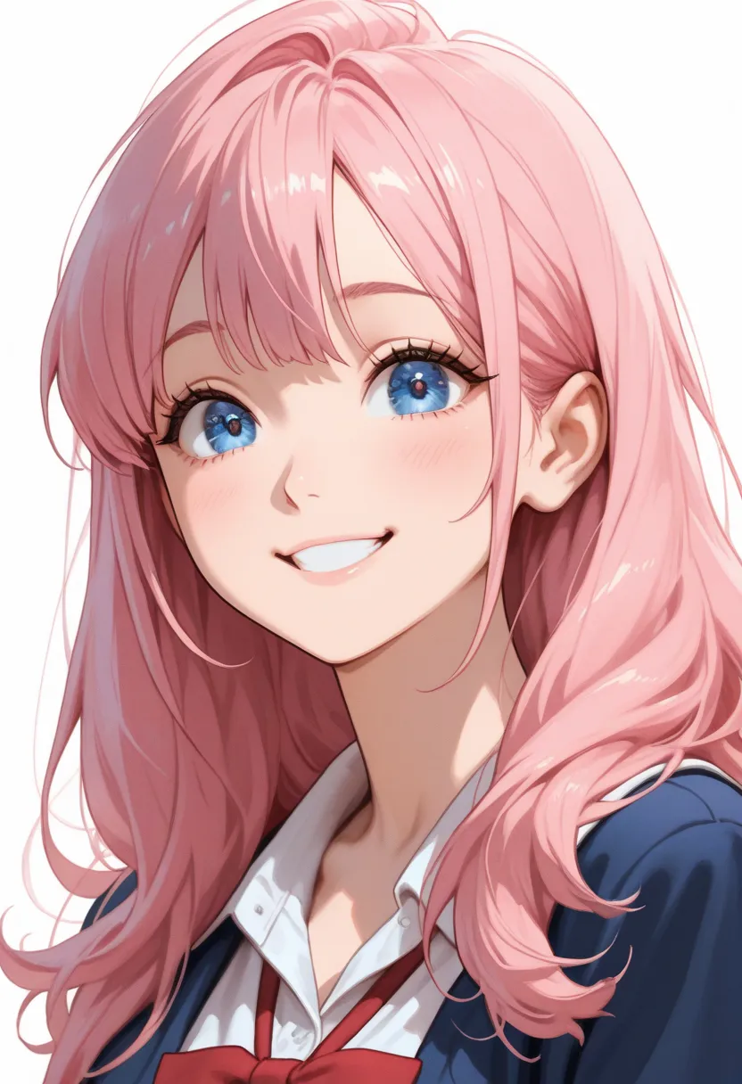 A girl,she looks cute and beutyful at the same time,she wearing school uniform,she have pink hair,her hair kind short(mid),She look cute and beutyful,she smile,(work of art)