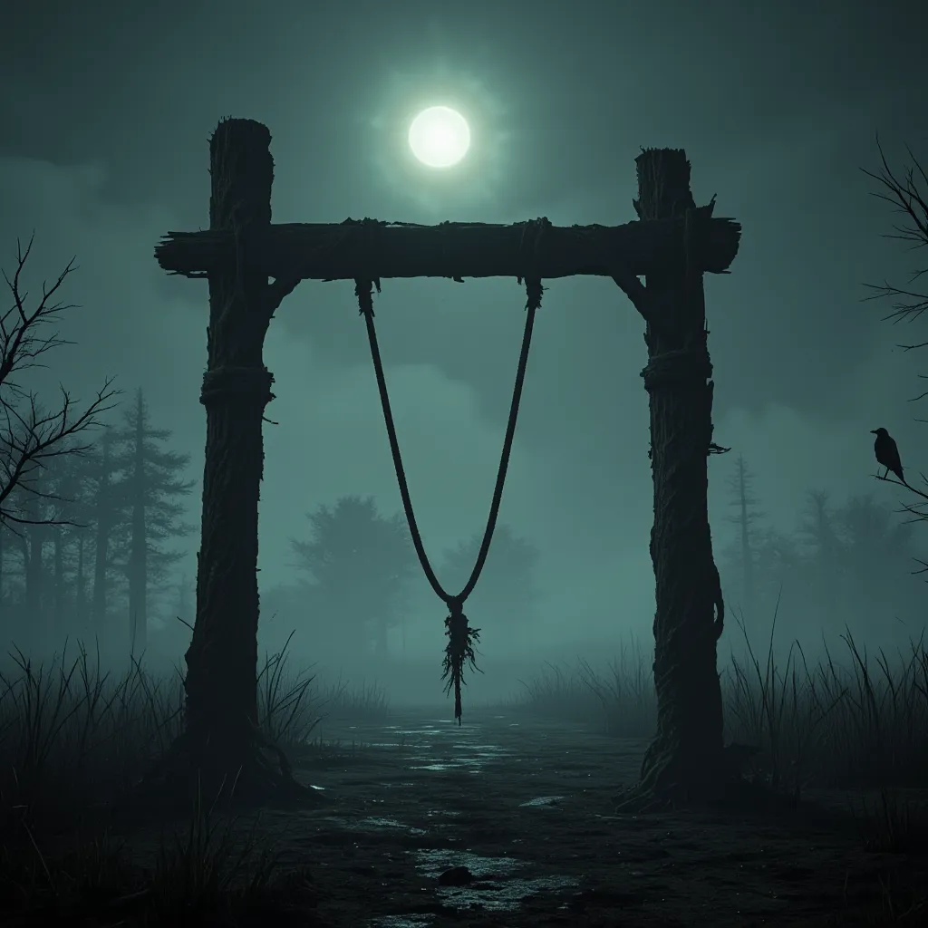 Create a highly detailed, eerie, and atmospheric image of a gallows at night under full moon. The scene is set in a desolate, foggy field under a dim, pale moonlight. The gallows are old and weathered, with rough wooden beams and a frayed rope dangling omi...