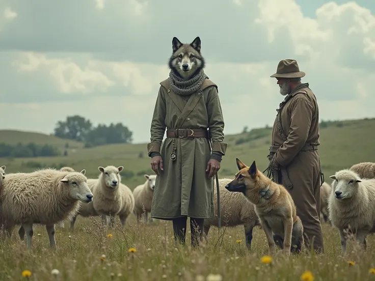 In a sheepfold full of sheep and a shepherd and his dog and a wolf dressed as a hyperrealistic man