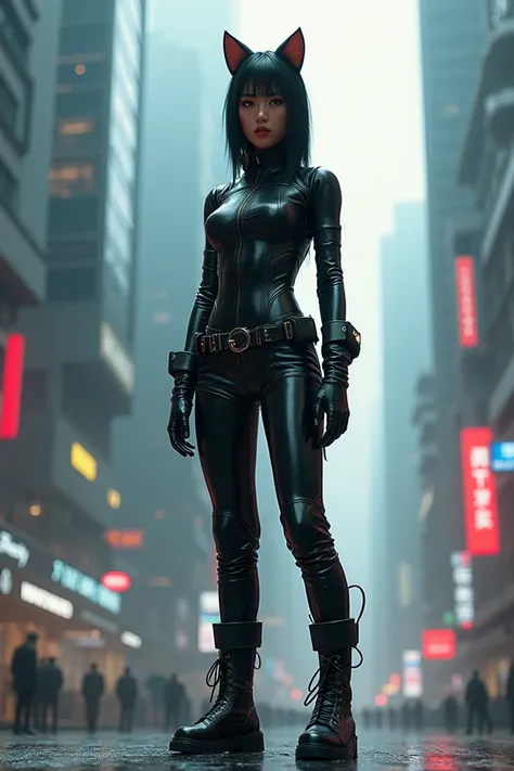 An Asian woman with riding boots and latex outfit she is in a giant in a city she stands on the city ground and she has cat ears 