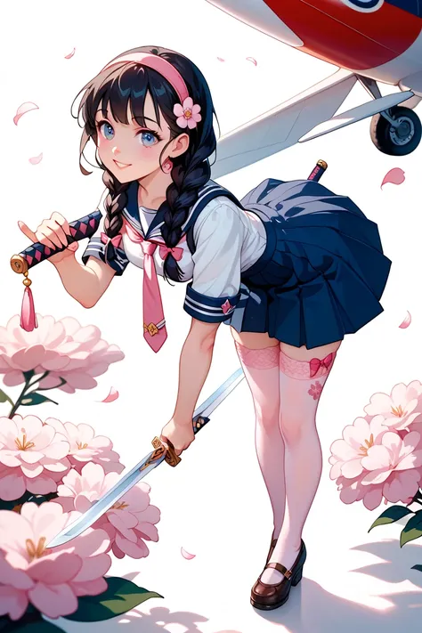 The image is a stylized image of a young girl in anime style, with a sword and legs in floral stockings.
The image consists of a single girl figure, leaning forward and holding a sword. It occupies almost the entire picture plane.  The girl is depicted in ...