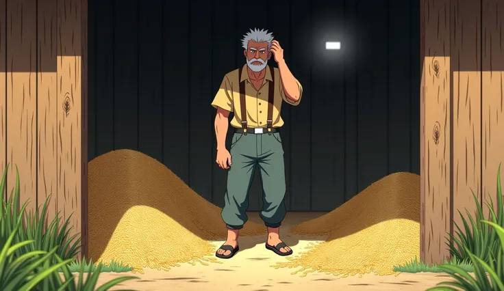 (Highest quality, masterpiece, High resolution)、4K Anime Art、Soft Light, A hardworking farmer standing inside his wooden storage shed, looking concerned as he inspects his stockpile of rice, which appears noticeably smaller. He scratches his head in confus...