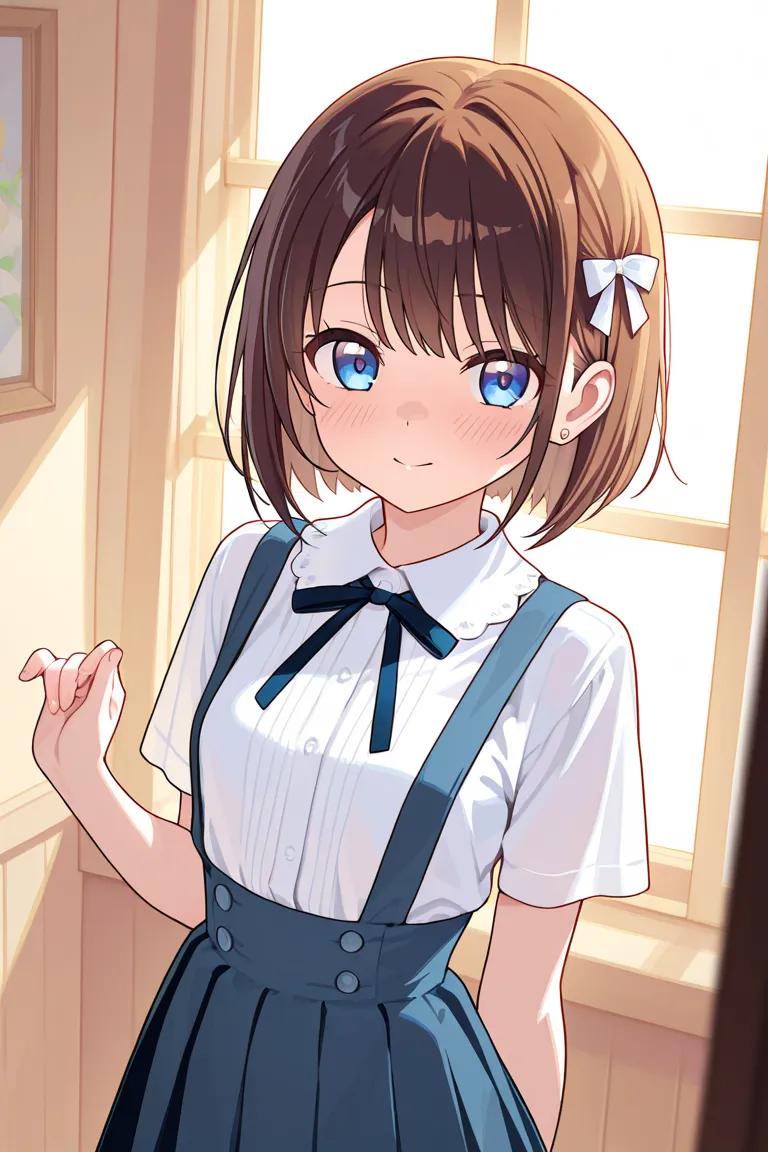 Dark Brown Hair　 blue eyes　　anime　comics　　　One person　perfect fingers　Perfect Anatomy　　　 　bob hair　　　　ribbons　Best　Patsun　　smile　　　SMALLE BREASTS   　　OL　company　　Glasses　　　Panic look