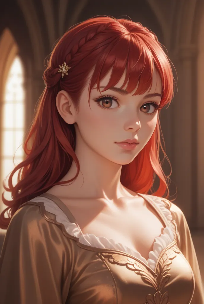 Red-haired girl embroidered, Length up to the collarbones, Bangs, brown eyes