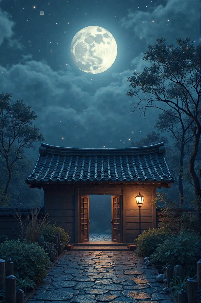  Tiled roof ,  at night,  Full Moon