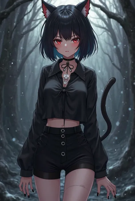 Anime female gender short black hair capes black cat's ear black blouse with small bow in half white black shorts with black socks and a short black skirt a white leather Tik Tik necklace 