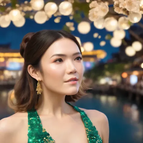 best quality, highres, 8k, masterpiece, photography, detailed midbody photorealistic portrait. At Clarke Quay’s riverside, Mandy Moore showcases a deep emerald green cheongsam-inspired lingerie ensemble, featuring a high-neck lace bralette with floral embr...