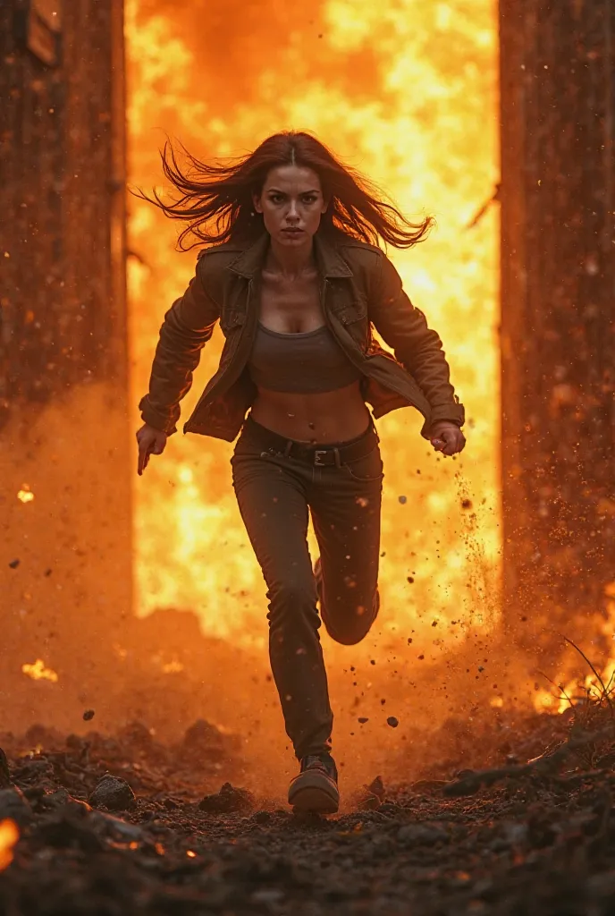 A woman running into a burning building, looking heroic.
     
