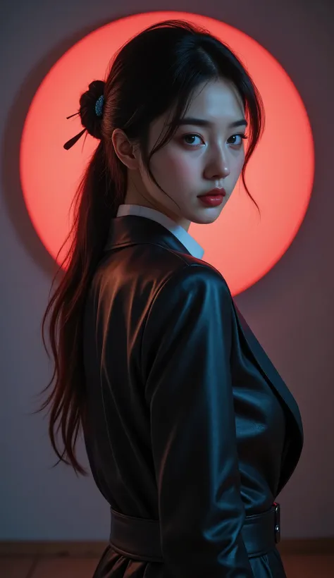 Score_9, Score_8_up, Score_7_up, Score_6_up, Dark Theme ,Sinocic style,
(Round Red Fluorescent Glow Effects Background:1.5)( lighting magic department :1.6),(gravure print_posture, high contrast,Anime coloring , grey background,Red coloring :1.5),Leather...