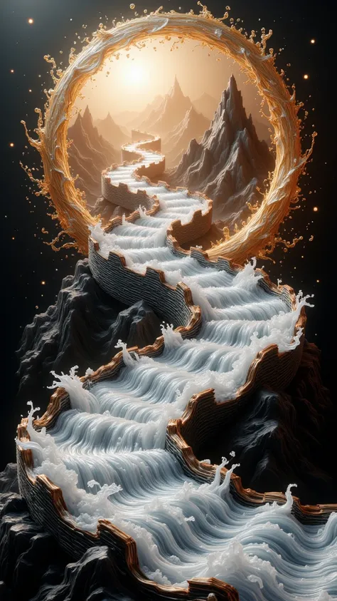 nkv style abstract 3d great wall of china, liquid, porcelain black, white, gold, orange, nkv style, 4k, ultra detailed, realistic, hdr, studio lighting, vivid colors, bokeh, cinematic, highly detailed, volumetric lighting, intricate architecture, flowing l...