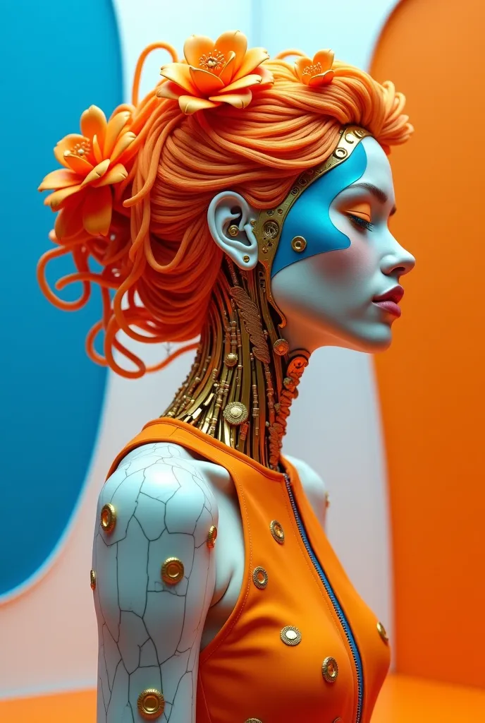   Unfolding  Recursive face , Beautiful Kissable Orange Lips,  Hair made of Vibrant Orange and Blue Strings curved as Beautiful flowers with gold in between,  Peach   colour in the cracked Skin with Golden Vires through her Face  , her Sholders and Neck Tr...