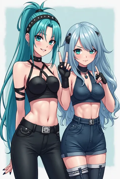 Anime style digital illustration,source_pony,hyperrealistic, The first character has bright turquoise hair in a high straight ponytail , giving her a bold, rebellious look. A black headband with silver studs adds to her punk vibe. Her intense dark blue eye...