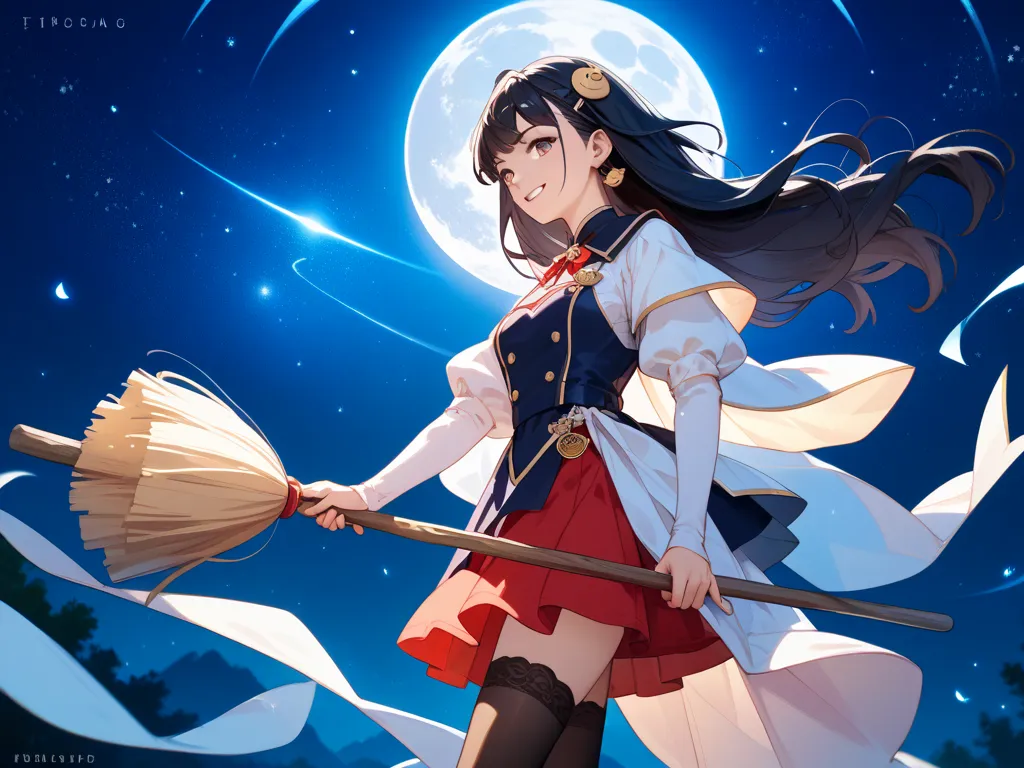 anime、 black hair、、The Wizard、Flying through the air on a broom、Night Sky、moon、smile