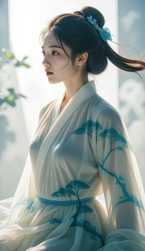 Double Exposure Style, Volumetric Lighting, a girl with Wrap top,arching her back,Traditional Attire,Artistic Calligraphy and Ink,, light depth, dramatic atmospheric lighting, Volumetric Lighting, double image ghost effect, image combination, double exposu...
