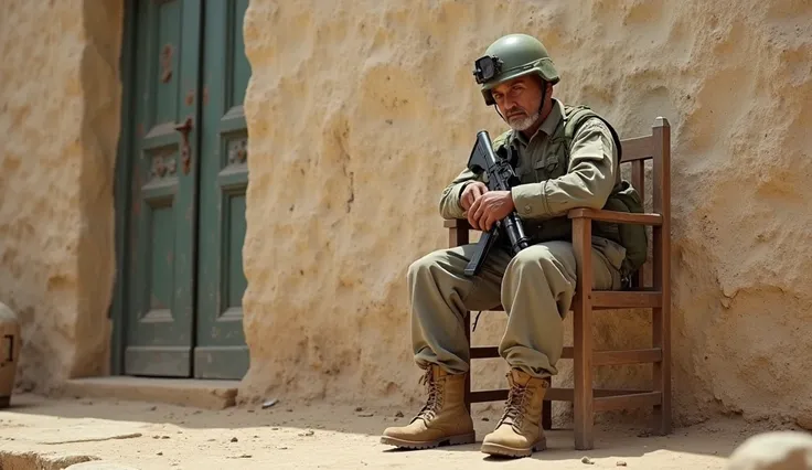 Israeli man, The old version of the Israeli army uniform, old version of Israeli army boots, Israeli army old version combat helmet, Israeli army's old version of the M16 weapon, sitting on the terrace of a simple Palestinian house, very realistic, finest ...