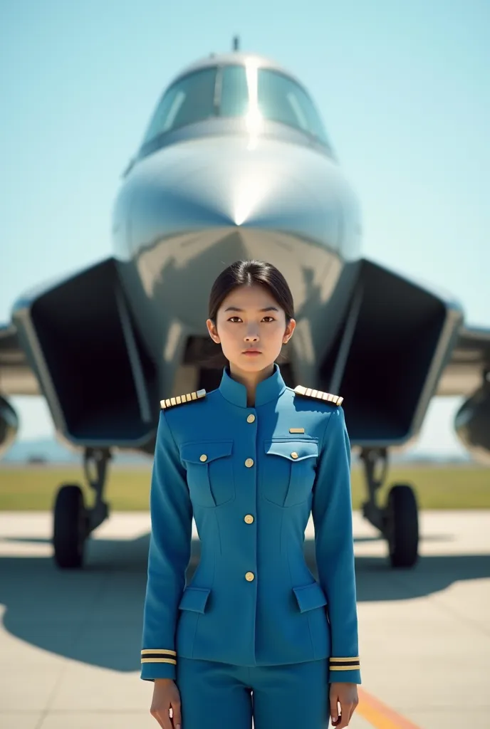 Asian girl pilot in blue uniform standing in front of an airplane drawing