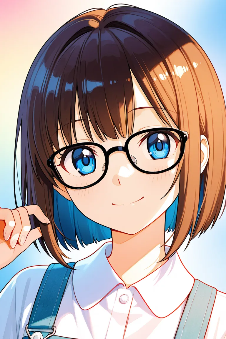 Dark Brown Hair　 blue eyes　　anime　comics　　　One person　perfect fingers　Perfect Anatomy　　　 　bob hair　　　　　Best　Patsun　　smile　　　SMALLE BREASTS   　　OL　company　　Glasses　　　Panic look