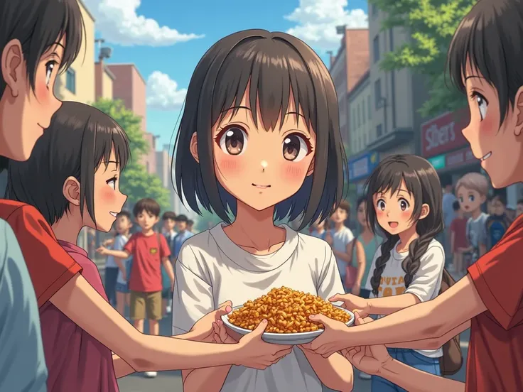 Girl are giving food to people anime style