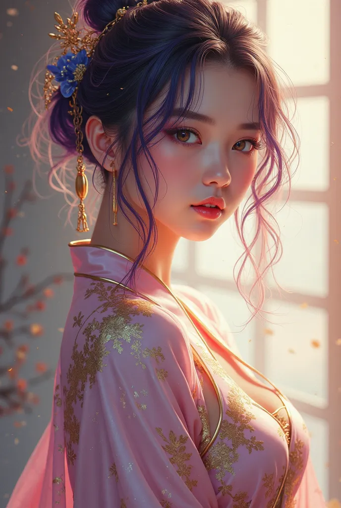 A beautiful young asian girl around the age of 15, has a mix of purple and blonde hair, wearing a gold-streaked hanfu that emphasizes her premature and well developed curvaceous figure