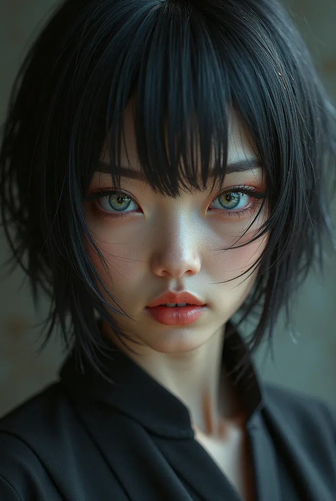 An Asian woman with short black hair, small scar on the nose, eyes with blue and green heterochromia and tough eyes 