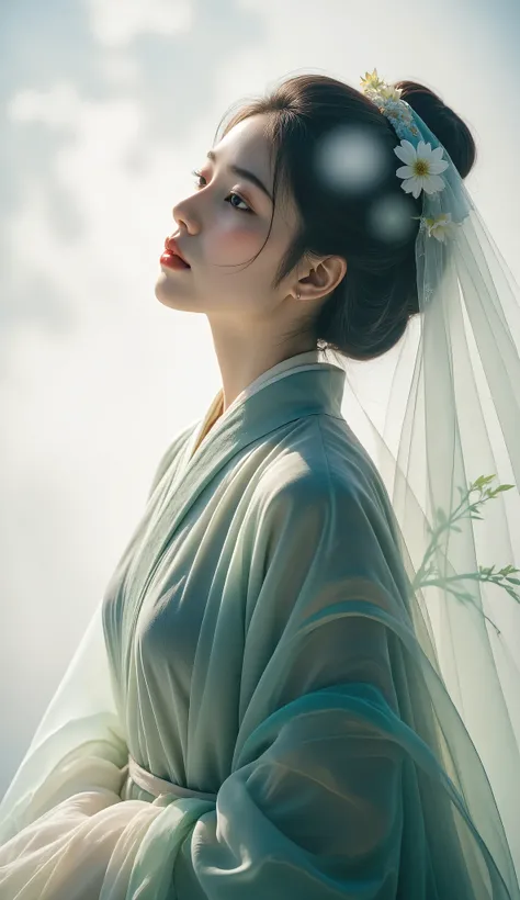 Double Exposure Style, Volumetric Lighting, a girl with Wrap top,arching her back,Traditional Attire,Artistic Calligraphy and Ink,, light depth, dramatic atmospheric lighting, Volumetric Lighting, double image ghost effect, image combination, double exposu...