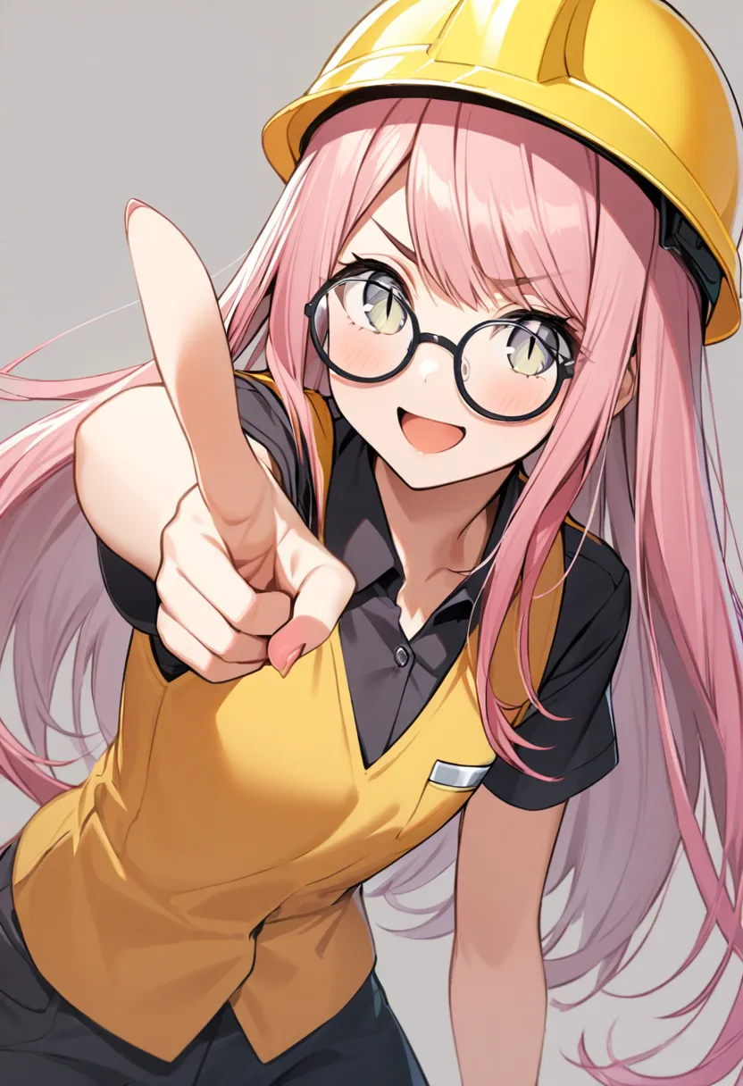 1 girl, young adult, 20 years old, Extra long hair, Straight hair, Short bangs above brows, pink hair, gray eyes, slit pupils, Jubilant, round glasses, wearing a yellow safety helmet, holding a shovel on her right hand, her left arm bent at the elbow with ...