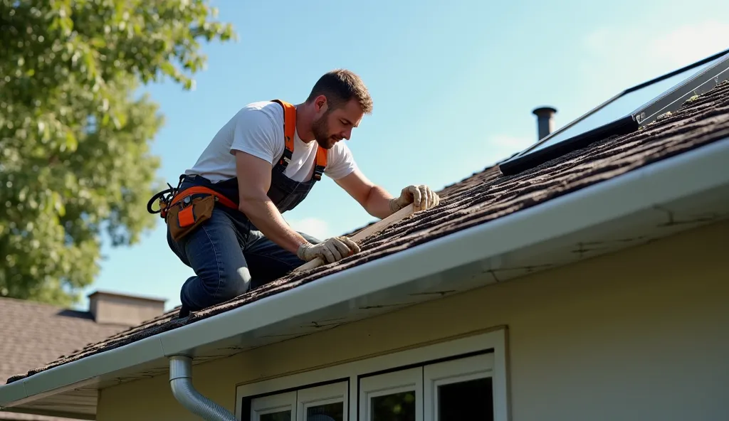 PERSON PUTTING A GUTTER IN THE ROOF OF A HOUSE AND THAT THERE IS A SKYLIGHT ON THE SAME ROOF
