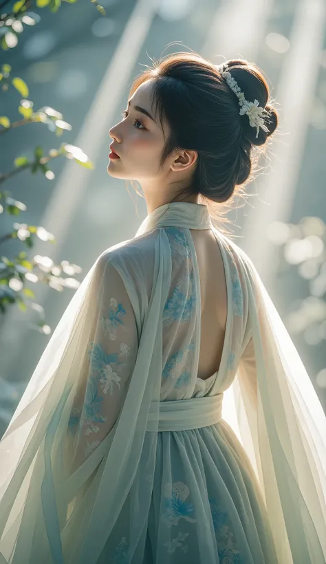Double Exposure Style, Volumetric Lighting, a girl with Wrap top,arching her back,Traditional Attire,Artistic Calligraphy and Ink,, light depth, dramatic atmospheric lighting, Volumetric Lighting, double image ghost effect, image combination, double exposu...