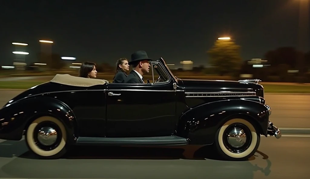 A cinematic long shot of a 1940's black convertible car passing from right to left. The driver is a 40 year old man, wearing a black suit and a hat. In the left back seat, there is a girl, looking at us with a dislike look. Night time, 7 pm.