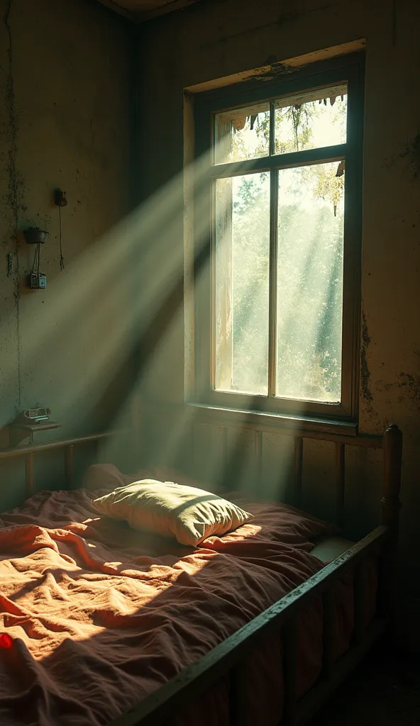 "First-person view of a small, worn-out bedroom with an old bed and a cracked window. Sunlight filters in, but the atmosphere has a strange glow. Radioactive dust lingers in the air. An old alarm clock rings beside the bed."