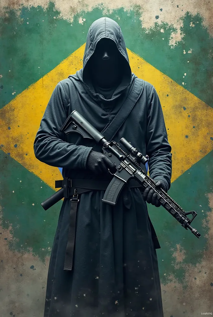 A ninja wearing a ghost mask in a vest is a rifle and in the background the half-blurred Brazilian flag is torn with rifle bullets