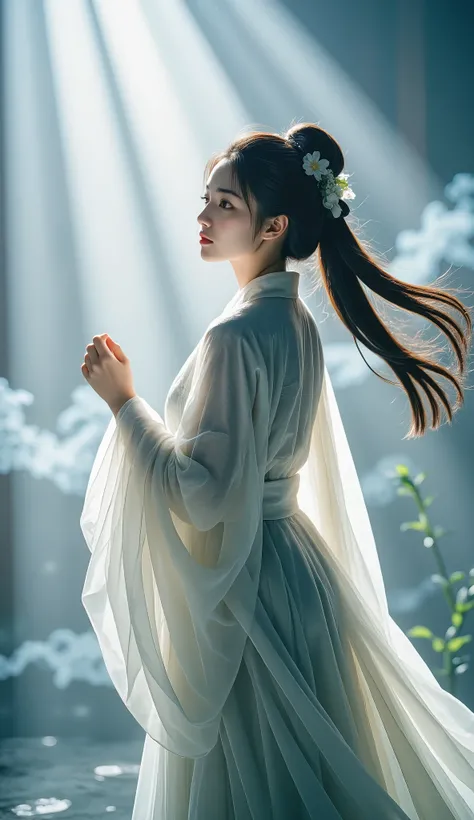 Double Exposure Style, Volumetric Lighting, a girl with Wrap top,arching her back,Traditional Attire,Artistic Calligraphy and Ink,, light depth, dramatic atmospheric lighting, Volumetric Lighting, double image ghost effect, image combination, double exposu...