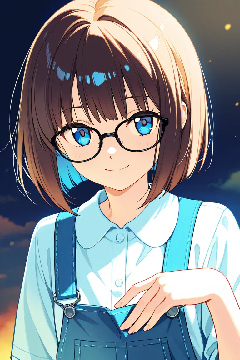 Dark Brown Hair　 blue eyes　　anime　comics　　　One person　perfect fingers　Perfect Anatomy　　　 　bob hair　　　　　Best　Patsun　　smile　　　SMALLE BREASTS   　　OL　company　　Glasses　　　Panic look