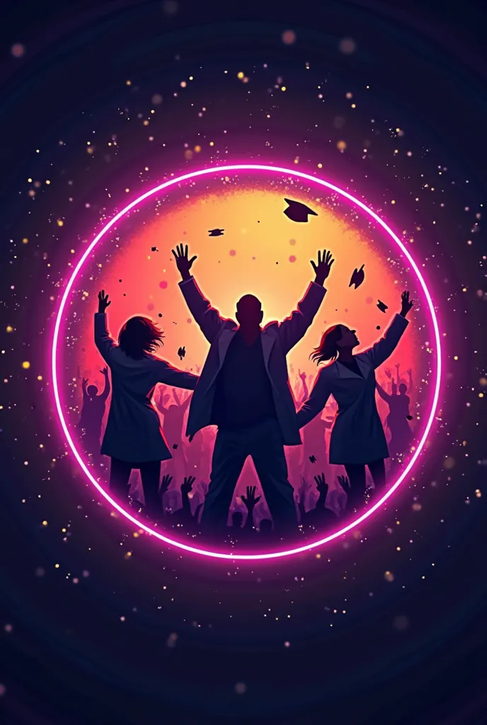 Round logo for a doctors' graduation party, neon colors, with doctors dancing in the background