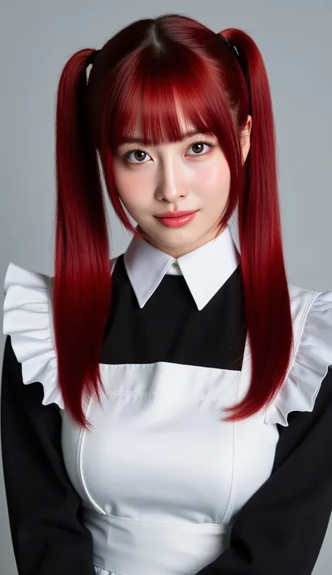  Silky Smooth Hair 、dark red hair long hair、hairstyles are straight、long hair that reaches the chest、、maid clothes、twin tails、