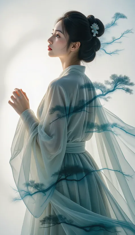 Double Exposure Style, Volumetric Lighting, a girl with Wrap top,arching her back,Traditional Attire,Artistic Calligraphy and Ink,, light depth, dramatic atmospheric lighting, Volumetric Lighting, double image ghost effect, image combination, double exposu...