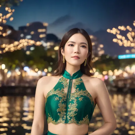 best quality, highres, 8k, masterpiece, photography, detailed midbody photorealistic portrait. At Clarke Quay’s riverside, Mandy Moore showcases a deep emerald green cheongsam-inspired lingerie ensemble, featuring a high-neck lace bralette with floral embr...