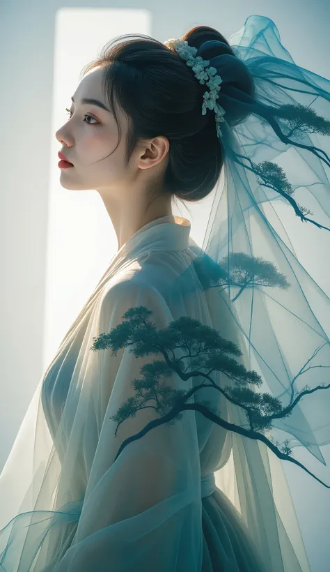 Double Exposure Style, Volumetric Lighting, a girl with Wrap top,arching her back,Traditional Attire,Artistic Calligraphy and Ink,, light depth, dramatic atmospheric lighting, Volumetric Lighting, double image ghost effect, image combination, double exposu...